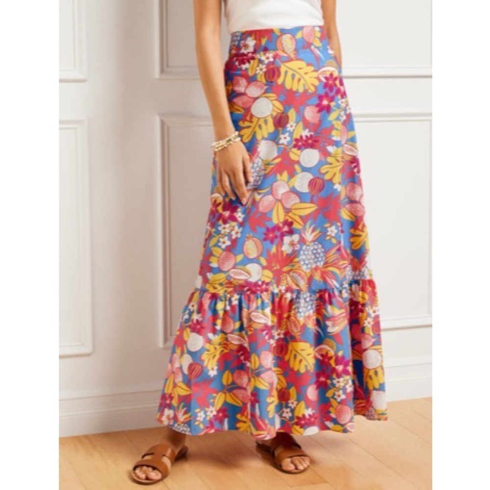 Talbots Petite Tropical Fruit Floral Cotton Poplin Tiered Maxi Skirt Resort Boho